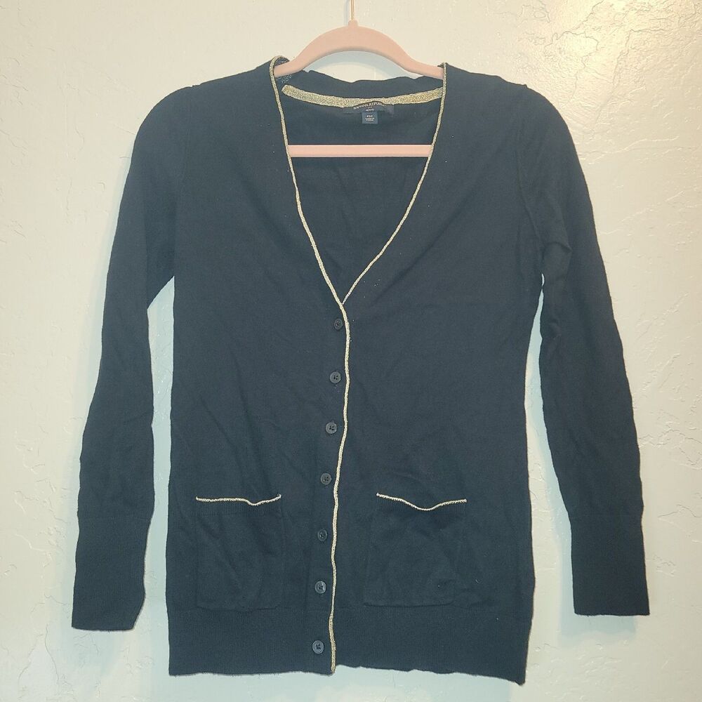 Banana Republic Womens PM Petite Black Cardigan Sweater Metallic Gold Trim Pocke
